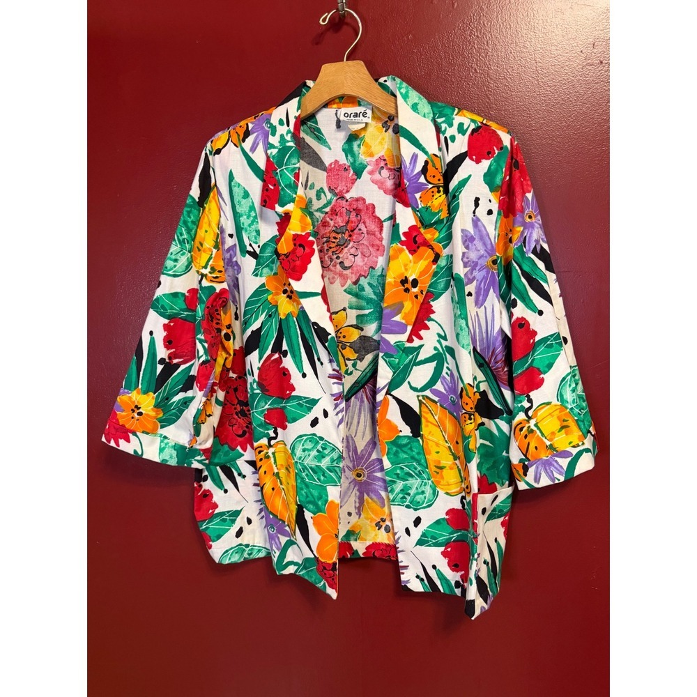 Orare Vintage Floral Tropical Cotton‎ Blazer Jacket Size 14 Open Front Topper